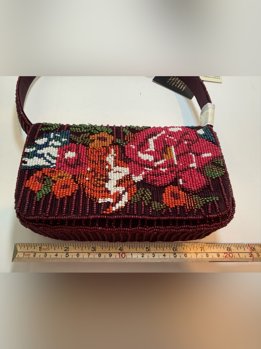 * Beaded Floral Shoulder Bag in Burgundy Corduroy with Multicolor Floral Design